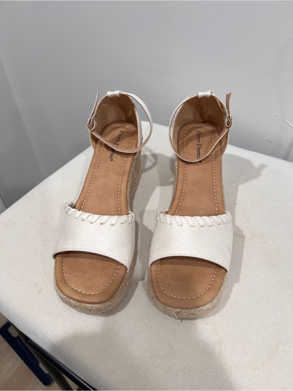 Pierre Dumas Cream Espadrille Wedge Sandals with Ankle Strap